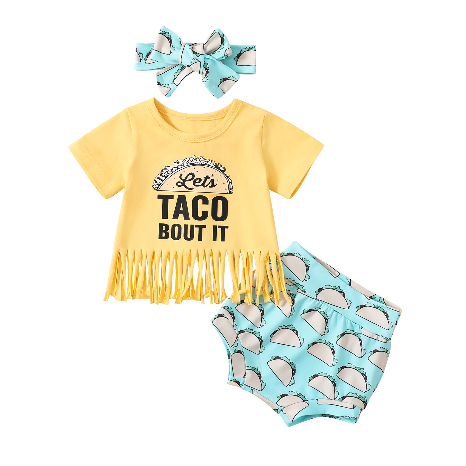 Mandizy Baby Girl 3Pcs Summer Clothes Set, Infant Short Sleeve Letter Print T-shirt and Floral Shorts with Headdress
