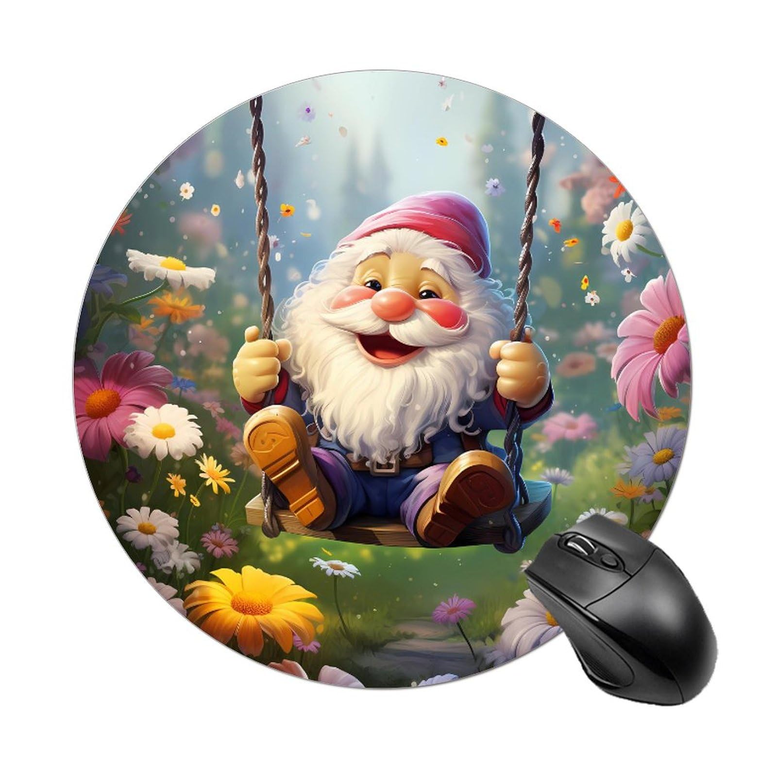 Swing Gnome Spring Mouse Pad Round Mouse Mat Non-Slip Rubber Base Mousepad for Home Office