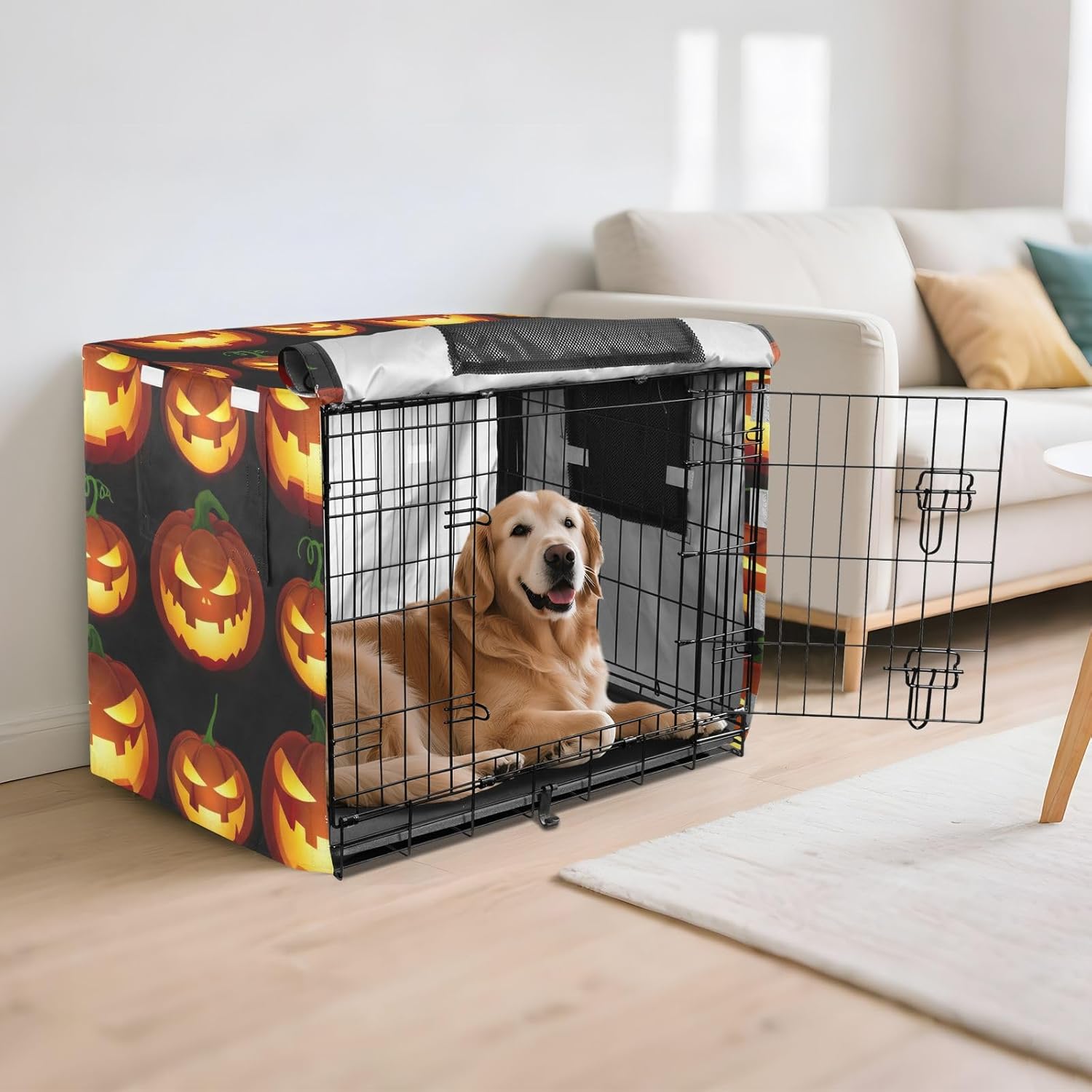 Halloween Pumpkin Black Dog Crate Cover Water-Resistant, S-XL Breathable Covers for Pet Cages, X-Large