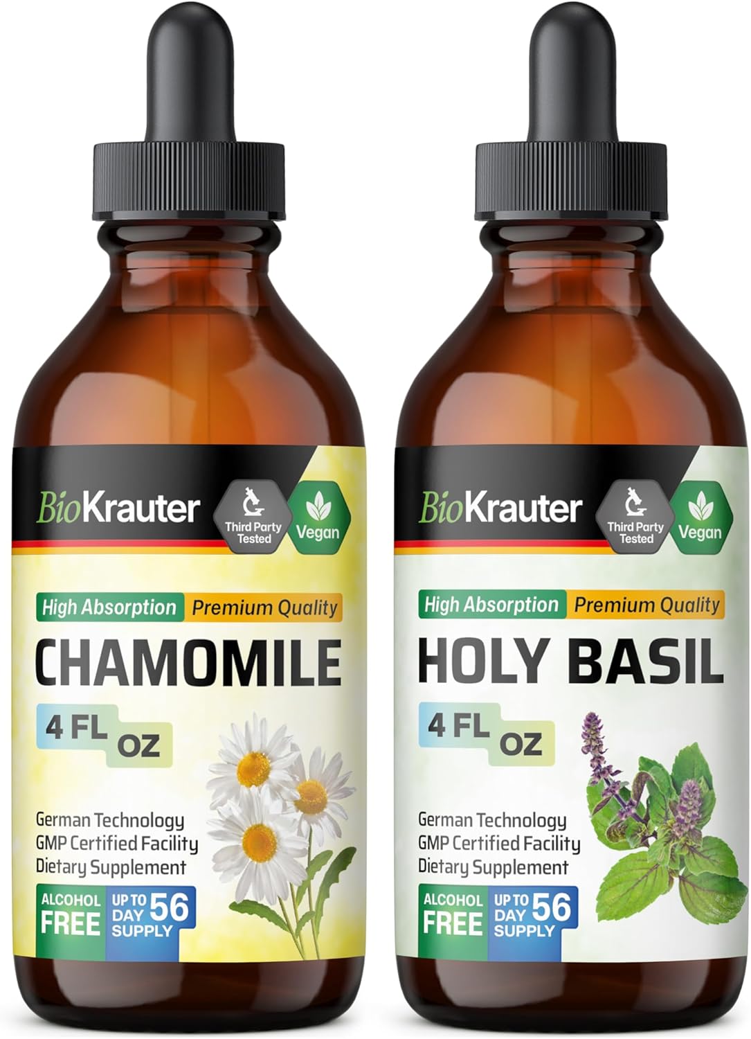 BIO KRAUTER Chamomile Tincture 4 Fl. Oz. & Holy Basil Tincture 4 Fl. Oz.