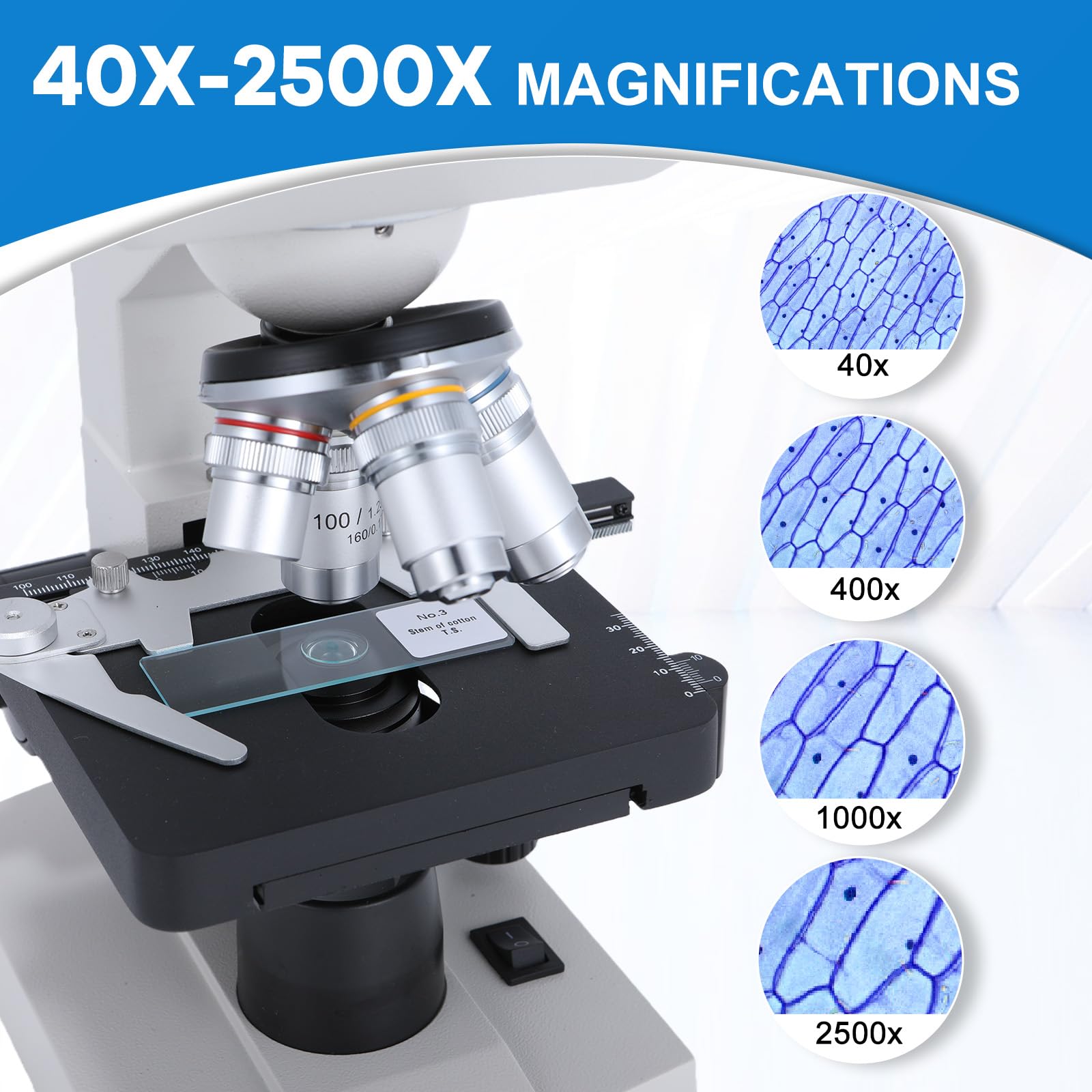 Microscopio binoculare professionale composto da laboratorio 40X-2500X per ricerca clinica, 4 obiettivi acromatici, stadio meccanico a doppio strato, messa a fuoco coassiale, LED ad alta precisione