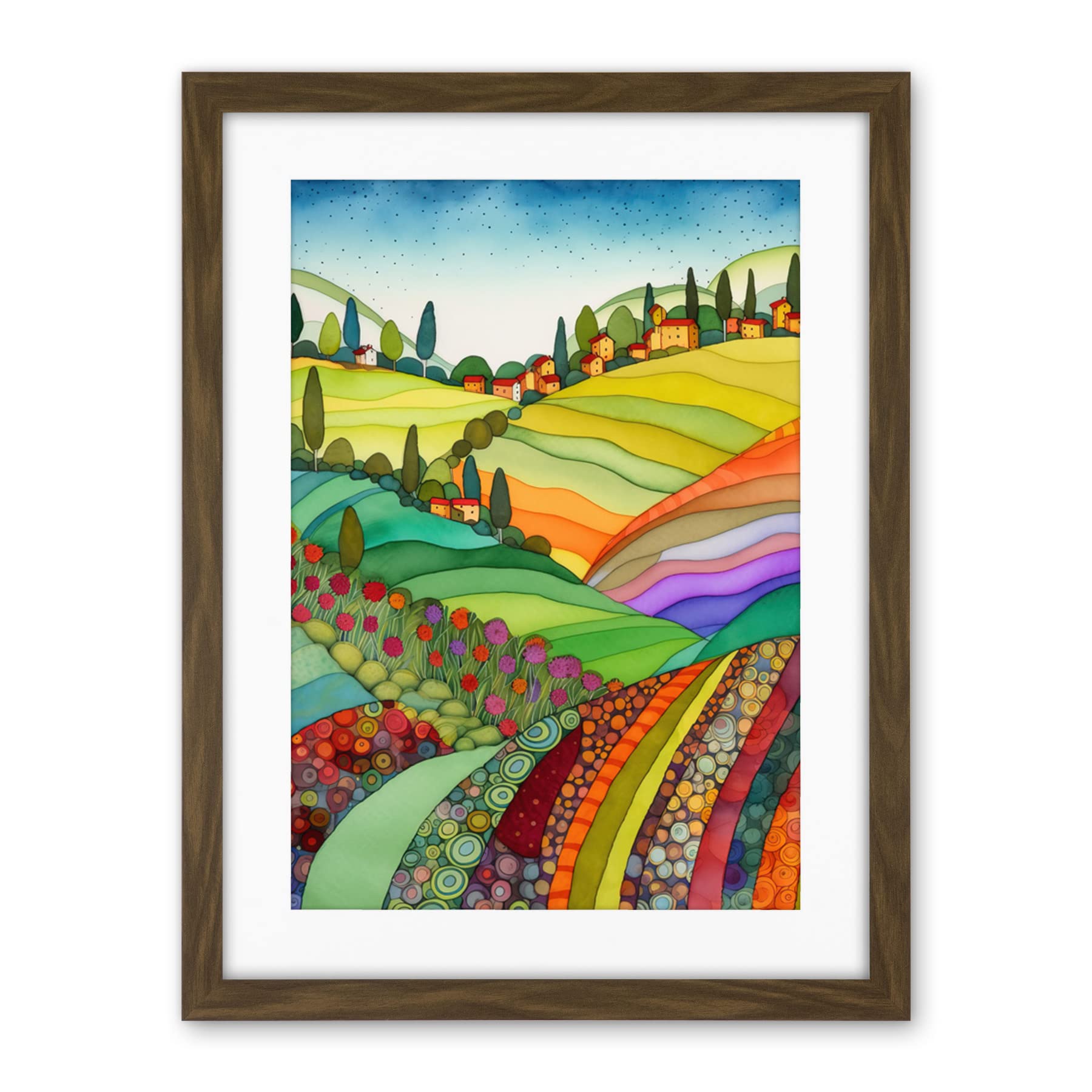 Artery8 Abstract Tuscany Hills Landscape Folk Art Artwork Framed Wall Art Print 18X24 Inch