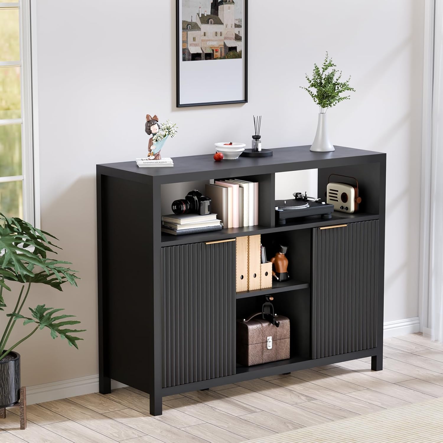 Sideboard Buffet Storage Cabinet, Modern Wood Sideboard with 2 Fluted Doors, Coffee Bar Buffet Table with 4 Large Open Shelf, Accent Storage Cabinet for Living Room Entryway, Black