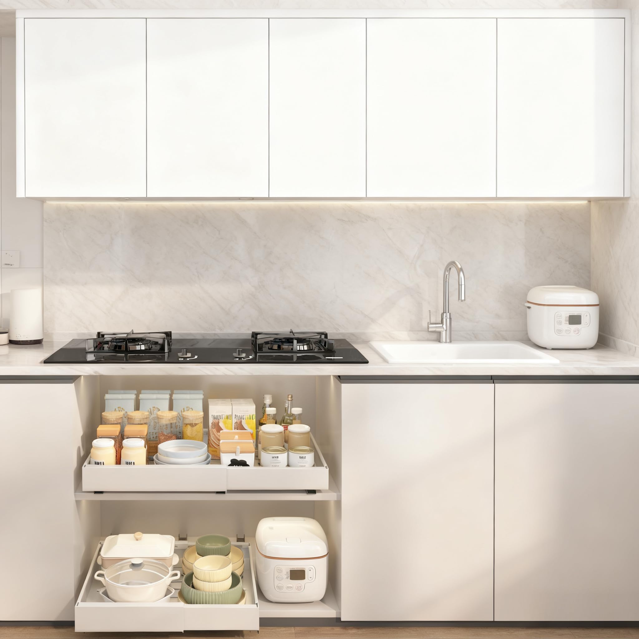 4 Pieza Cajón Telescópico para Pegar, (32-52 cm ancho × 53 cm prof. × 7,5 cm alto) Extraíble para Cocina, Organizador de Cajones de Cocina, sin Necesidad de Taladrar ni Clavar, Blanco