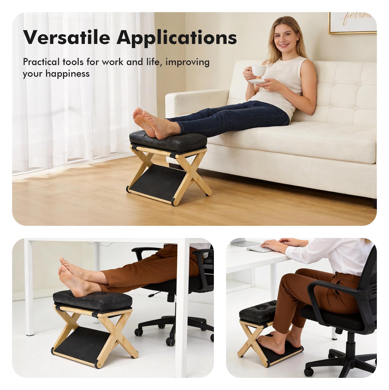 2-in-1 Fußstütze Schreibtisch, Höhenverstellbarer Fußhocker, Ergonomischer Fußablage aus Holz mit Weichem, Rutschfester Fußhocker für Büro Auto, Ottoman Fußstütze Stuhl für Vanity