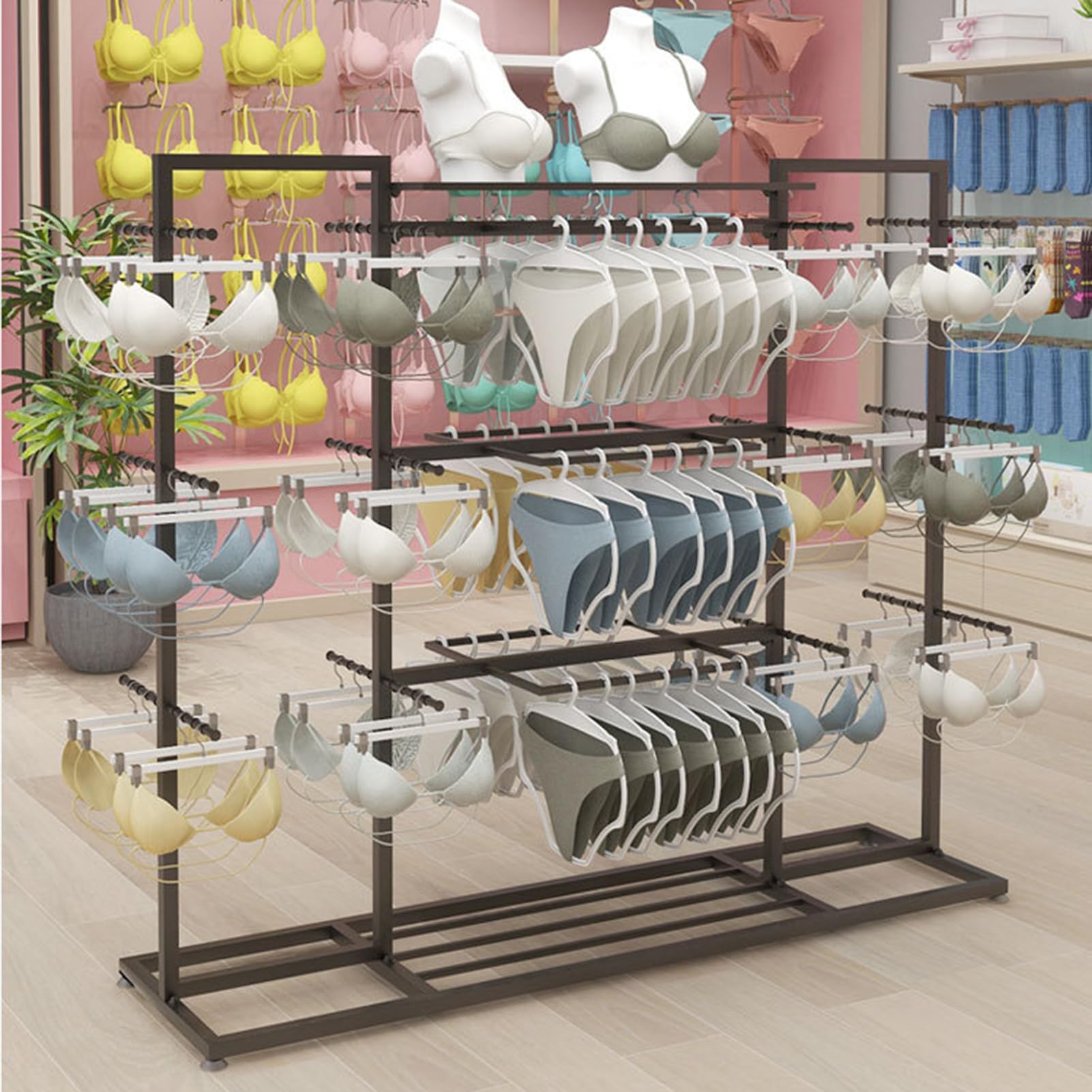 JYBNBBE Combination Bra Panty Socks Storage Rack, Metal Underwear Display Stand for Retail Stores, Farmers Markets, Shopping Malls,Black-150x40x135cm