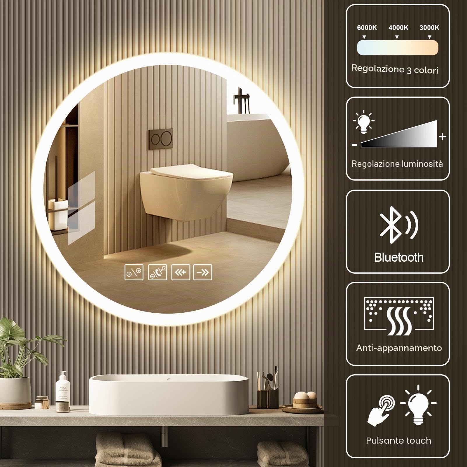 Specchio Bagno con Luce, Rotondo 60cm con Luce Regolabile, Bluetooth, Antiappannamento, Vetro Temperato HD – Funzione Memoria e Riproduzione Musicale