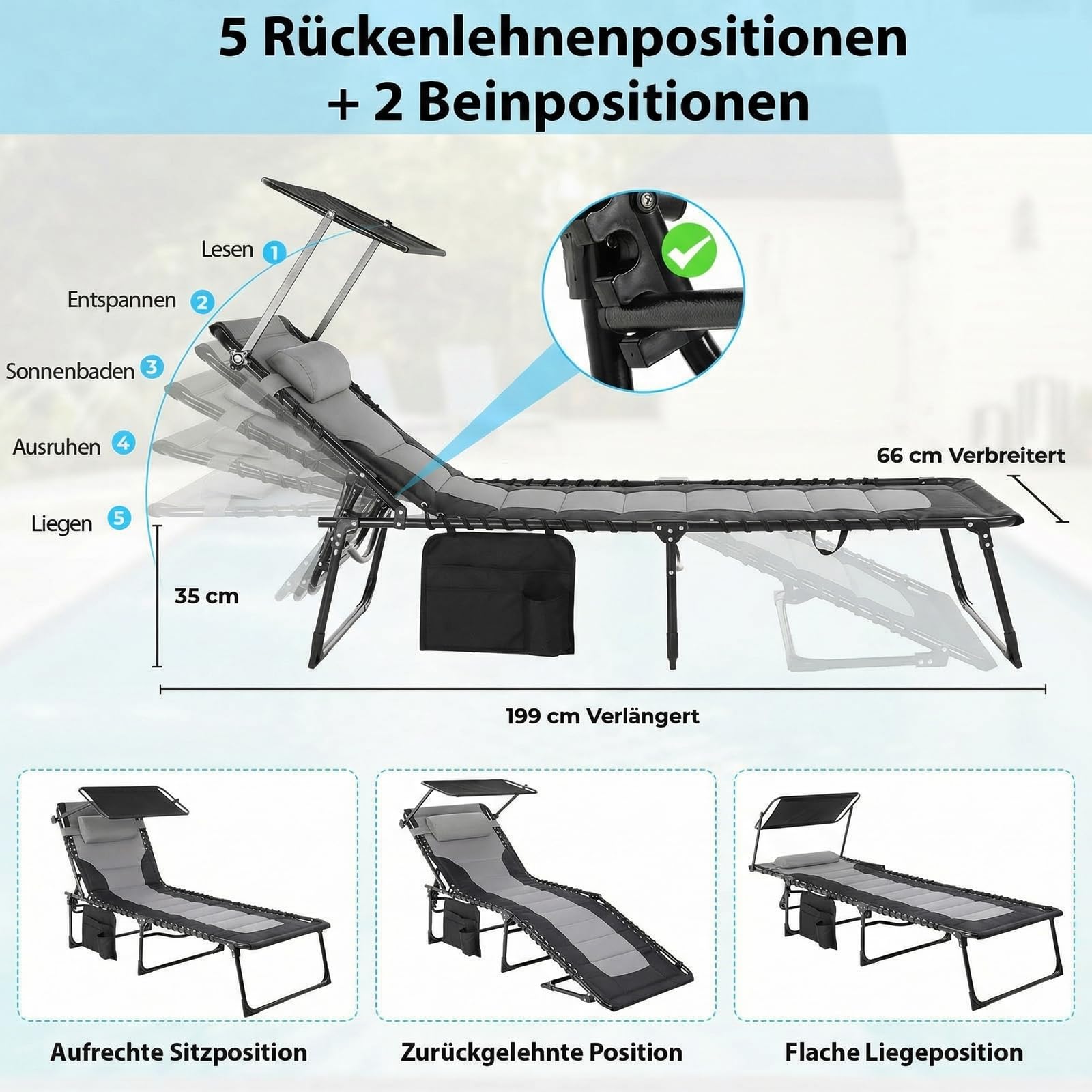 Clevich XXL Sonnenliege klappbar mit Dach, 199 × 66 cm extra breit, gepolstert, Liegestuhl verstellbar mit 5 Rückenlehnen und 2 Beinpositionen, bis 150 kg belastbar, für Pool, Garten, Balkon