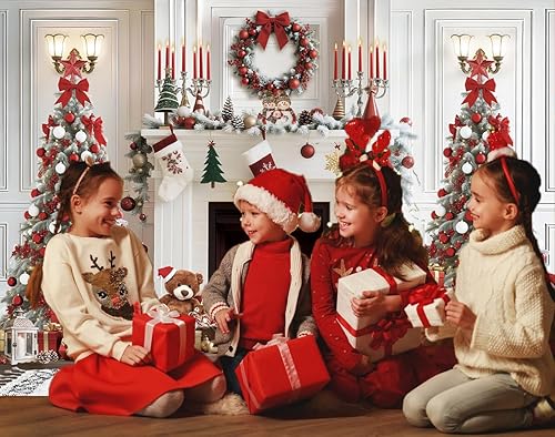 Miniatura 3 de Telón de fondo de chimenea de Navidad blanco y rojo, fondo de fotografía de árbol de Navidad, vacaciones de invierno, Año Nuevo, decoración de