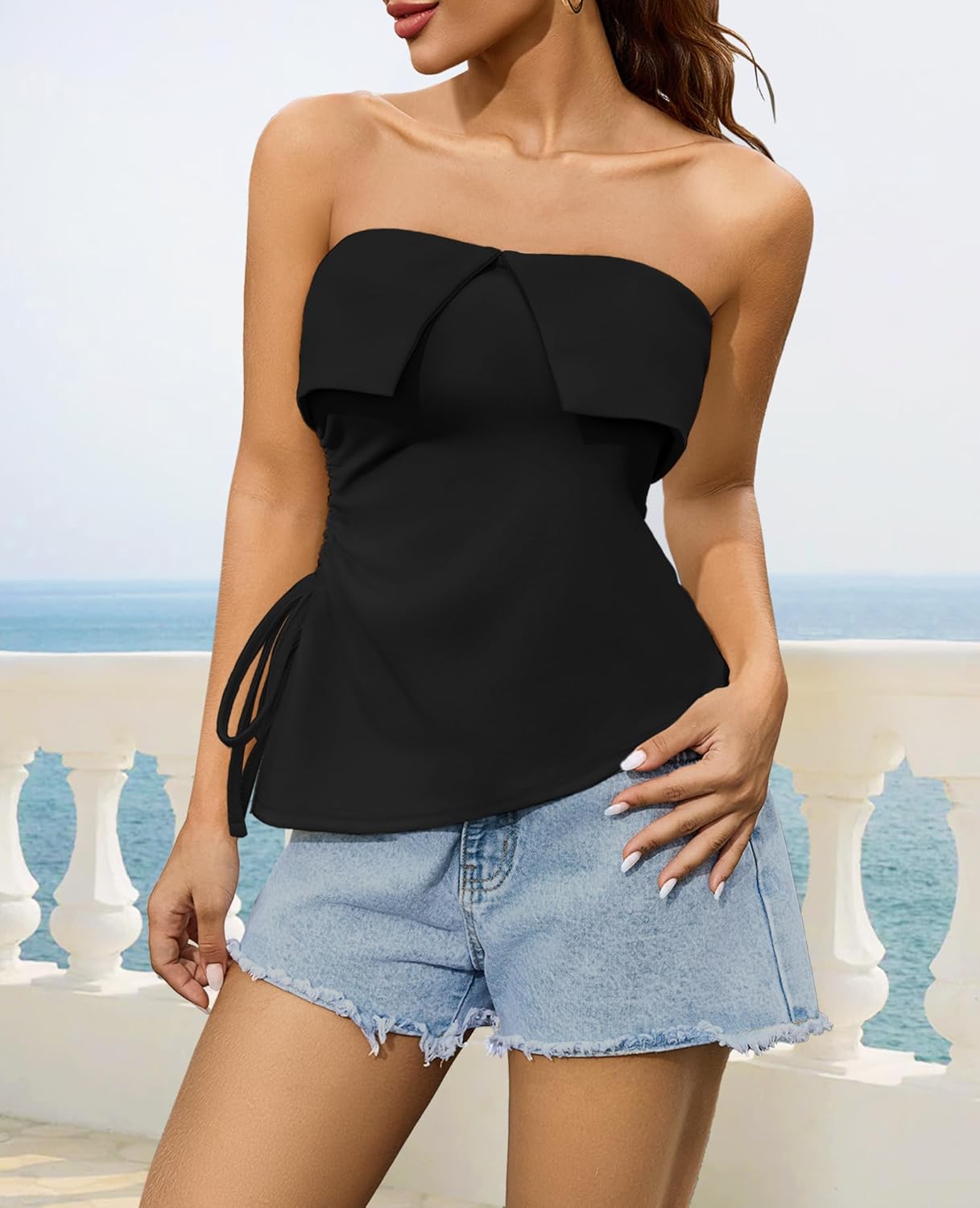 Women Tube Tops Trendy Summer Going Out Strapless Backless Bustier Drawstring Ruched Side Split Asymmetrical Bandeau Shirt - Image 2