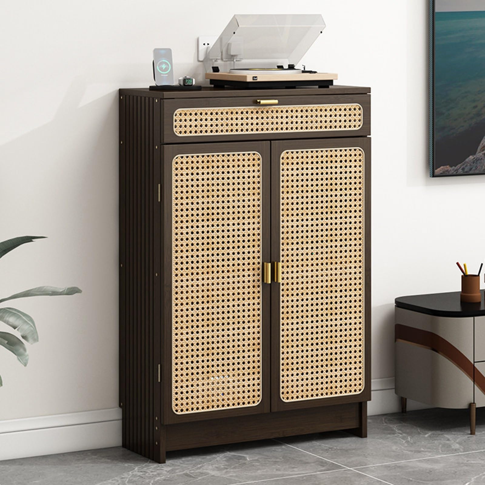 Mueble Organizador For Router Wifi Con Agujeros Decorativos Transpirables, Caja Decorativa De Suelo For Router Con Cajones De Almacenamiento(Brown,50 * 25 * 91cm)