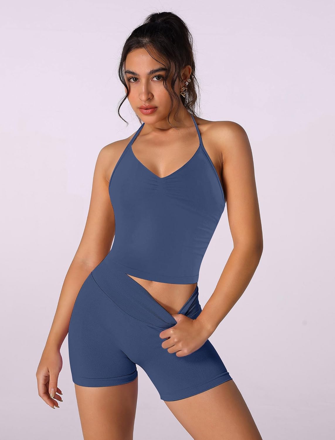 ABEHIK Workout Sets for Women 2 Piece Seamless Halter Sports Bra Tank Top High Waist Booty Lifting Shorts Gym Yoga Outfit
