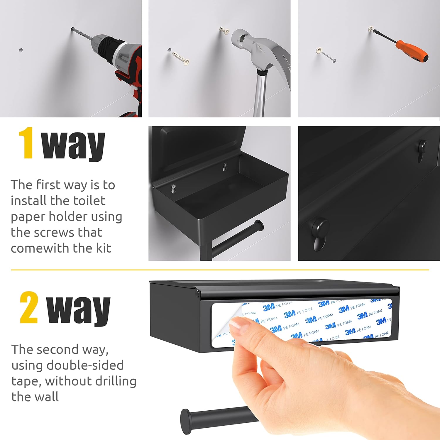 Matte Black Toilet Paper Holder Wall Mounted with Shelf & Wipes Storage – Stainless Steel SUS304 Modern Toilet Tissue Roll Holder for Bathroom, Kitchen – Adhesive and Screw Installation