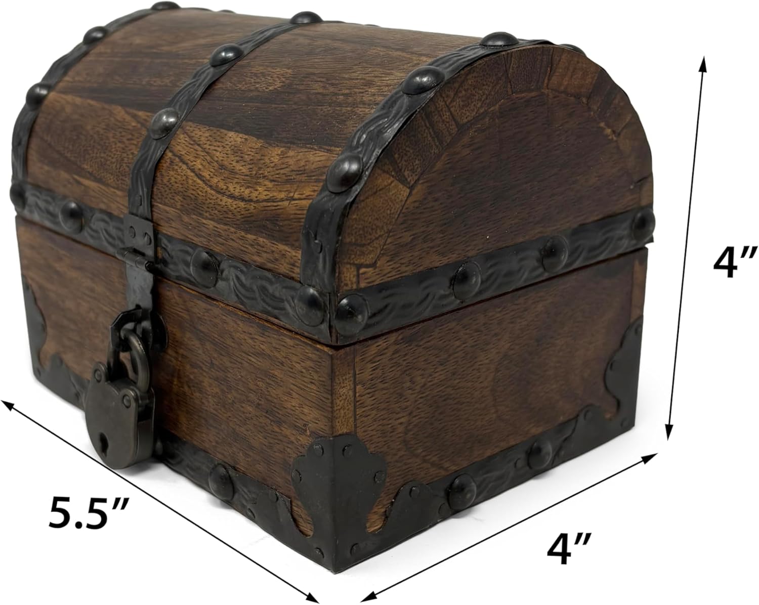 Nautical Cove Wood Treasure Chest with Decorative Rivets and Reinforcing Iron Strips with Lock and Skeleton Keys (Dark Antique, X-Small 5.5x4x4) – Wooden Keepsake Box, Pirate Decor, Storage Chest