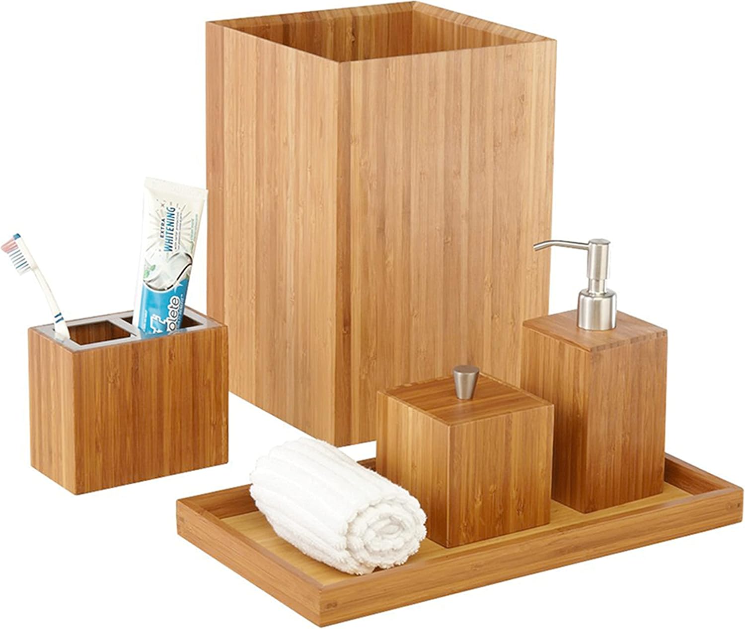 Seville Classics Bamboo Wood Bathroom Vanity Organizer Set with Soap Dispenser & Tooth Brush Trash Bin, Cotton Ball & Q-Tip Holder, Towel Tray, 5 Piece