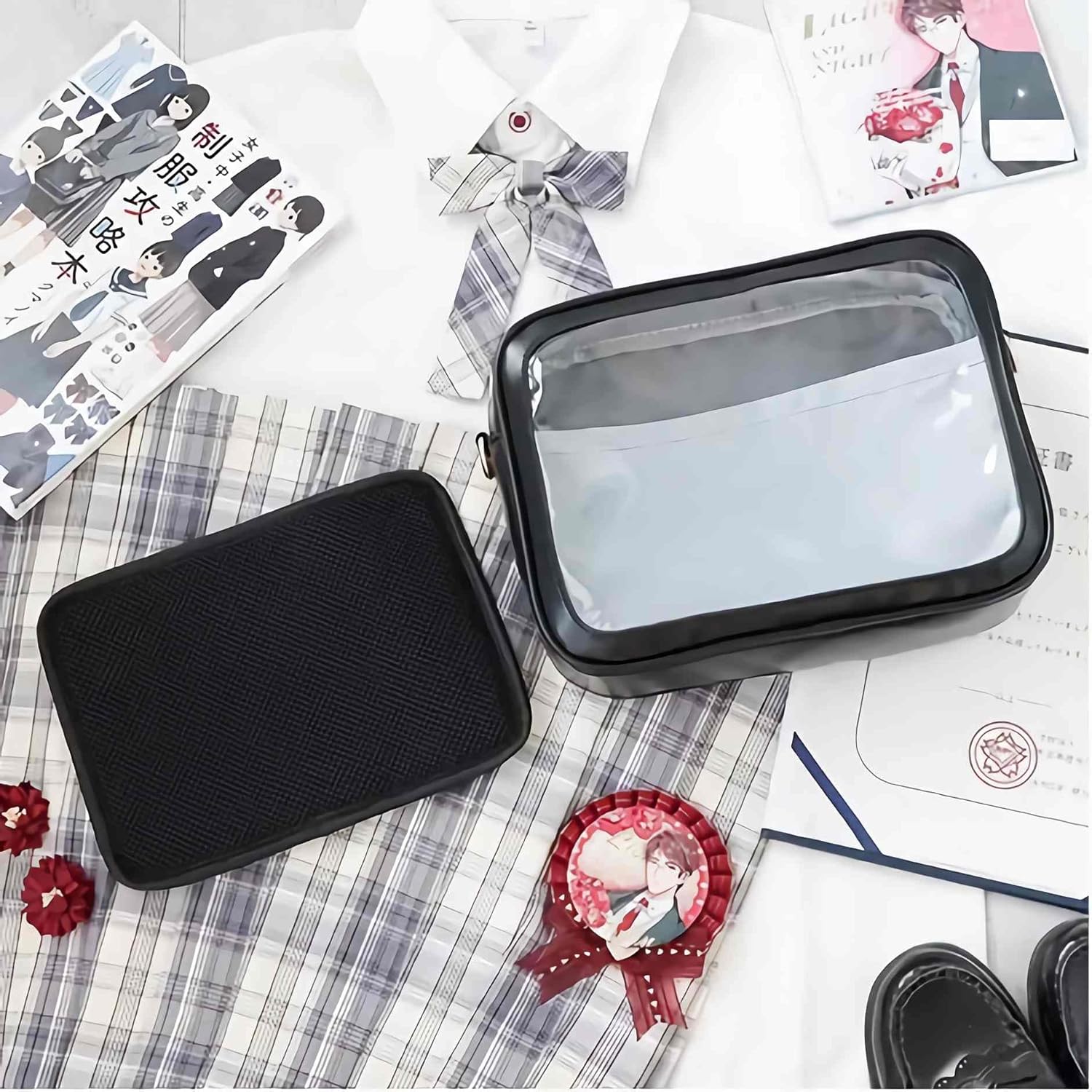 ita black crossbody bag for women, kawaii pin display medium kpop crossbody purse, cute y2k japanese messenger bag with clear pocket display, lightweight everyday anime purses - Image 8