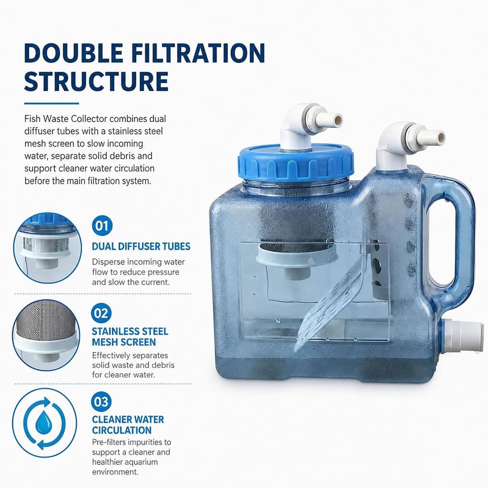 Raccoglitore Esterno di Rifiuti per Pesci, Pulitore per Filtri per Acquario, Aspiratore di Feci per Acquario, Contenitore per Sedimenti di Grande capacità da 3 Litri, Design 12mm
