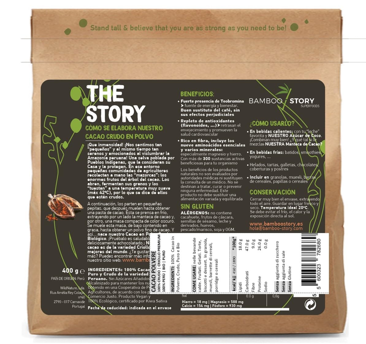 100% CRUDO | NUOVO | Cacao Polvere | BAMBOO STORY | Biologico | 100% Perù | Criollo Premium | Great Taste Award | Non Alcalinizzato | 400g | Puro | Senza Zucchero | Grasso 18%