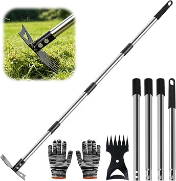 Manaror Weed Puller Tool with Long Handle – 58" Manual Weeder Remover Tool, 2-in-1 Handle Garden Hoe and Weed Rake, Hoe Garde