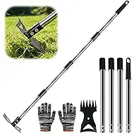 Weed Puller Tool with Long Handle – 58" Manual Weeder Remover Tool, 2-in-1 Handle Garden Hoe and Weed Rake, Hoe Garden Tool, Uprooting Weeding Tool for Yard, Lawn, Patio and Garden