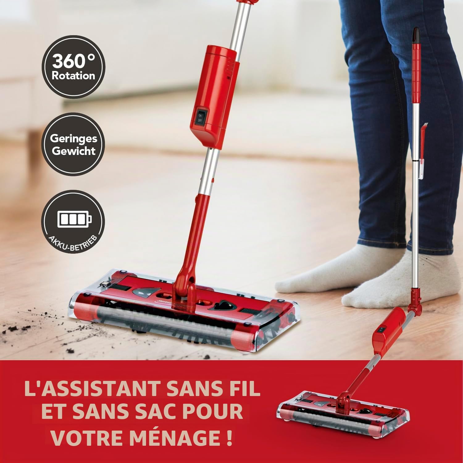Balai sans fil Swivel Sweeper + batterie supplémentaire – Récupération facile des miettes – Sans fil, sans sac et rechargeable – Balai avec articulation articulée qui ménage le dos et rotation à 360°