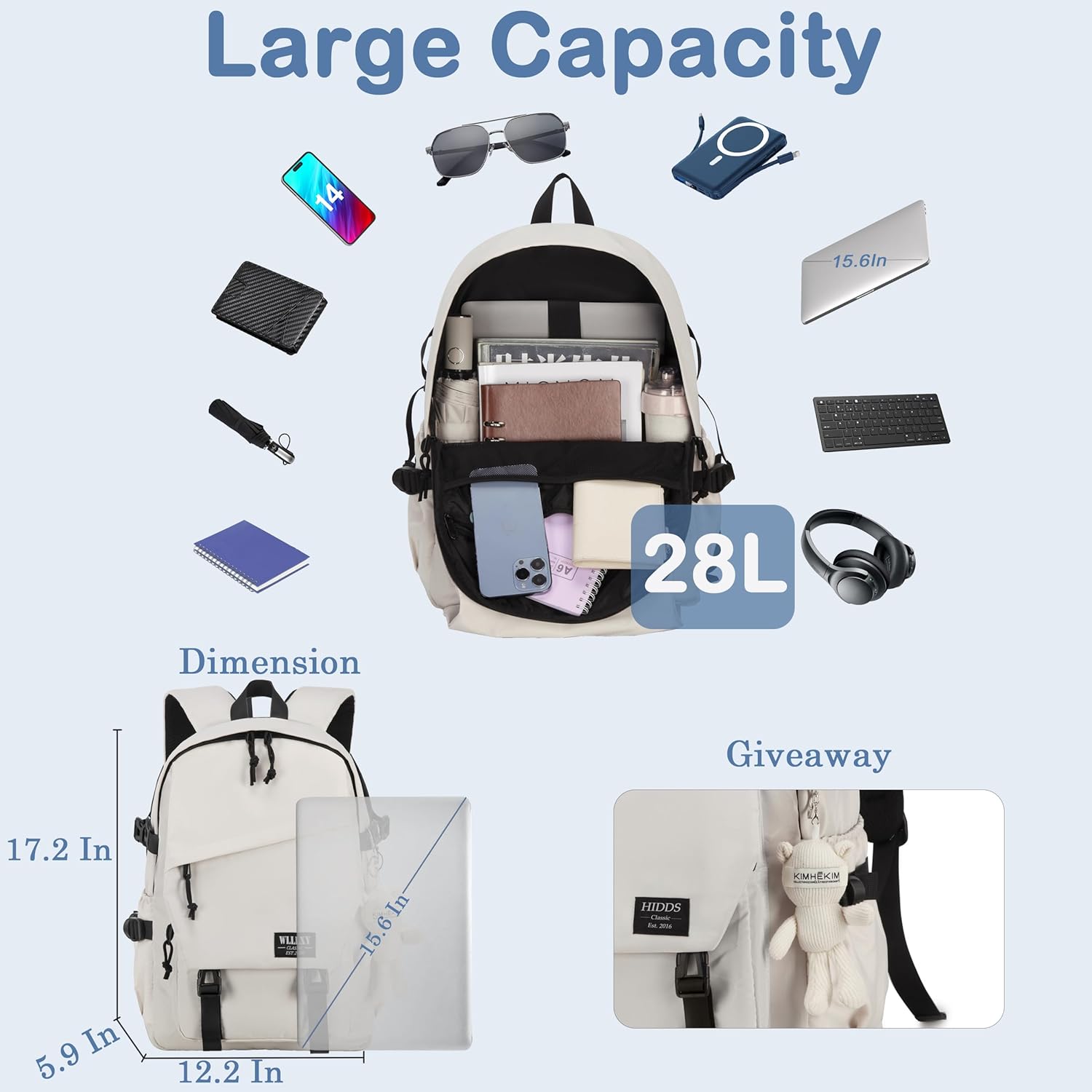 Hidds College Laptop Backpack for Men Women 15.6 Elementary Middle High School Book Bag For Teens Girls Boys Anti Theft Travel Backpacks Waterproof Casual Daypack Large Student Bookbags（Beige-M） - Image 3