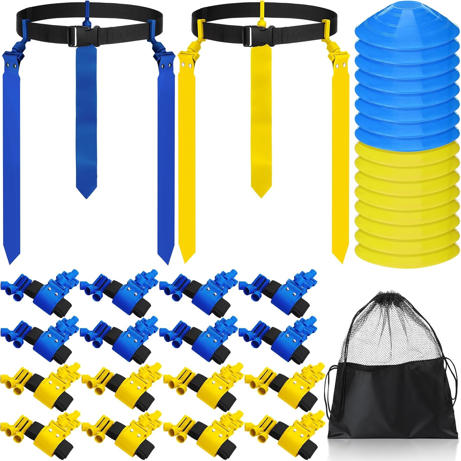 Wettarn Flag Football Set 16 Player Flag Football Belts and Flags Set for Kid Adult Players Outdoor Sport Training Set Blue, Yellow