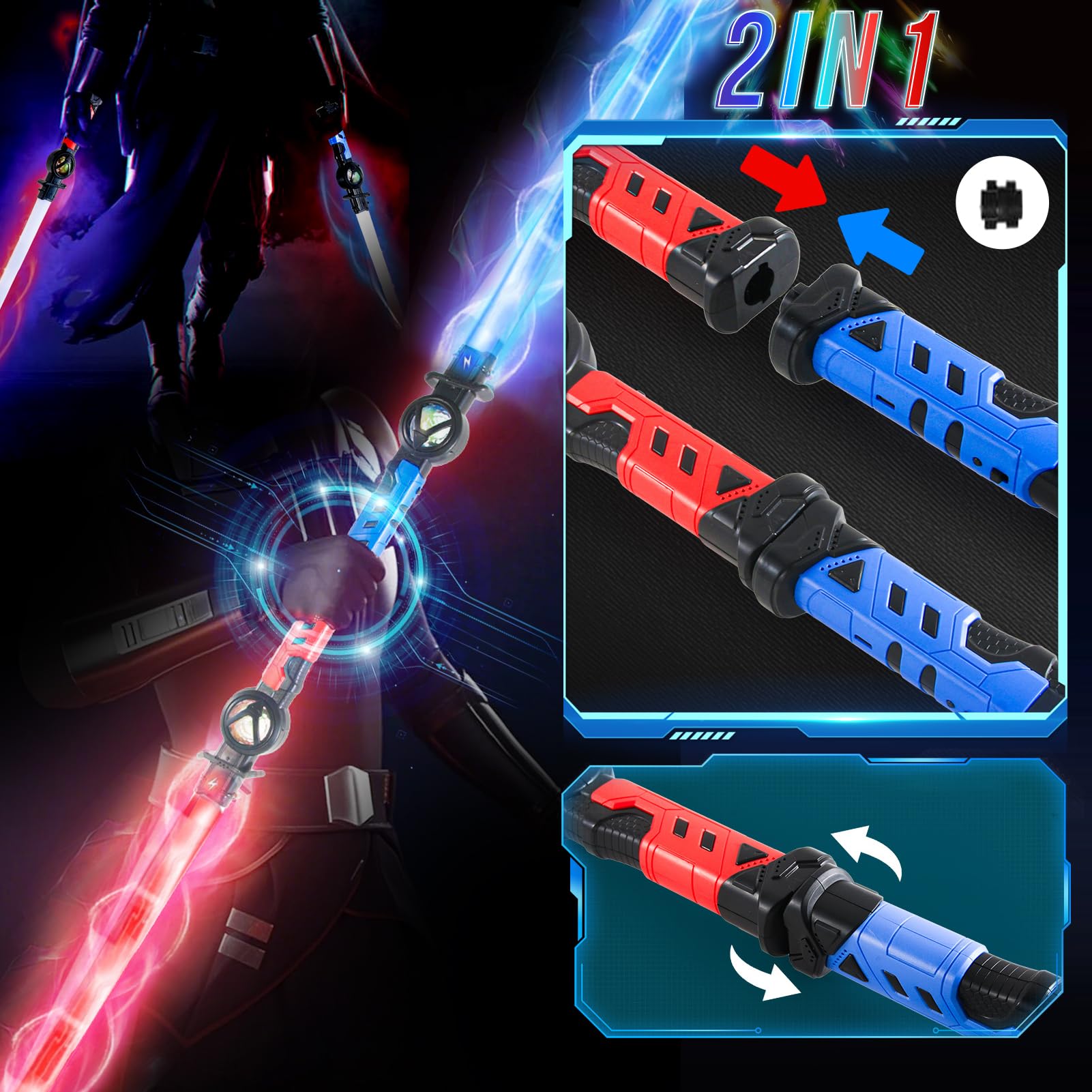 2 Pezzi Spada Luminosa per Bambini, Sciabola Luminosa, 7 Colori Cambiabili Spada Laser 2 in 1 Retrattile con Effetti Sonori, Lightsaber, Spada Laser Giocattolo per Cosplay Halloween Natale Regalo
