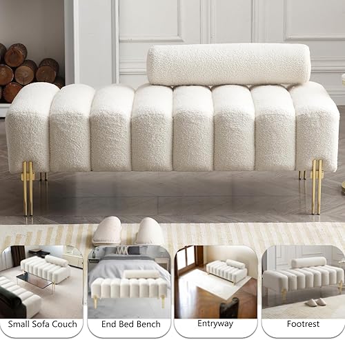 Miniatura 6 de ivoros Sofá moderno sofá biplaza, sofá biplaza tapizado con patas doradas y respaldo ajustable, sofás pequeños y sofás en el extremo de la cama para