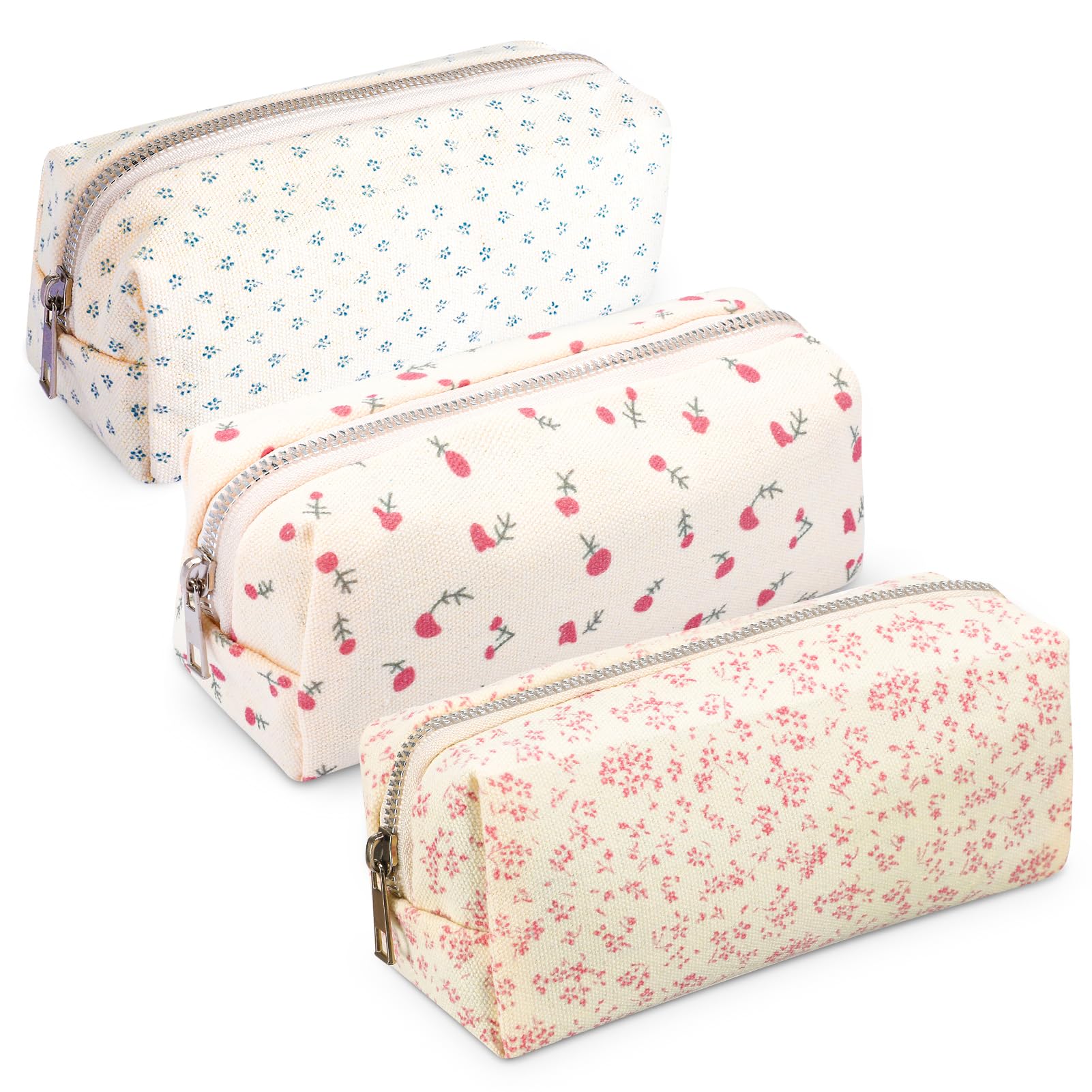 Candcamp Floral Fabric Pencil Case for Girls 3 Pcs Big Capacity Womens Make up Bags Practical and Portable