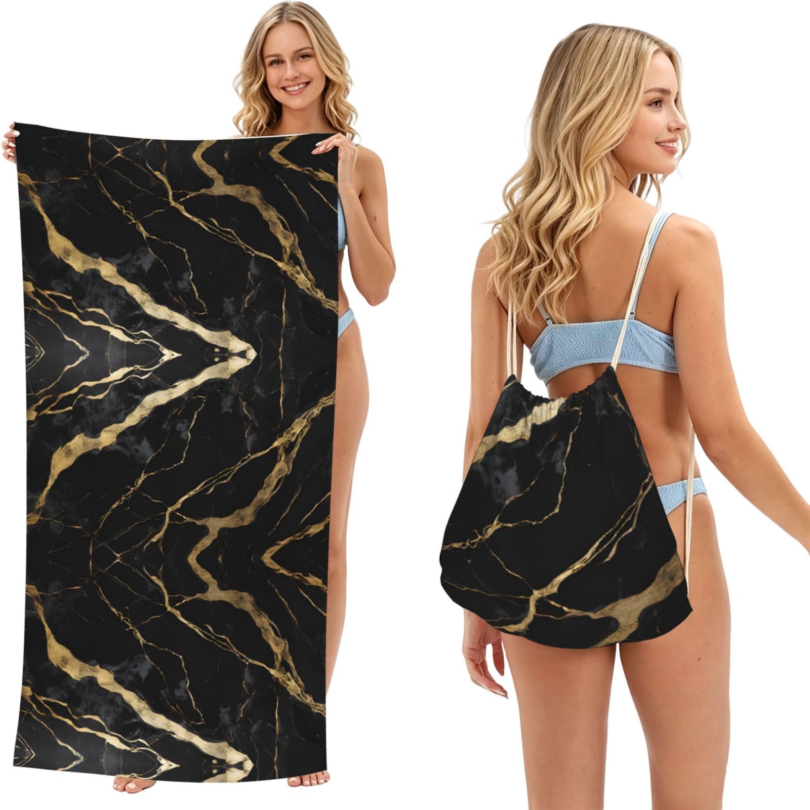 ESNAIUVCD Black Marble Print Beach Towel For Adults,Towel With Drawstring Bag, Travel Pool Swimming Sports Shower Sand Free Quick Dry Bath Towel For Pool, Beach, Yoga- 180x60cm