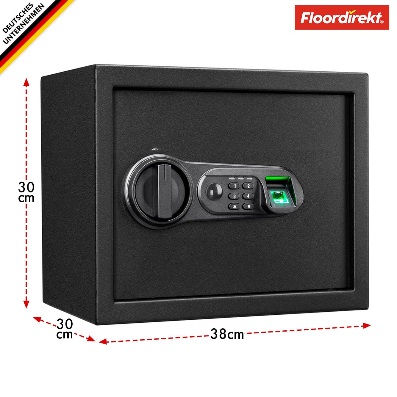 Floordirekt Tresor Catoca 30 x 38 x 30 cm Möbeltresor Safe mit Fingerabdruck Sensor - elektronisches Zahlenschloss, Kombinationsschloss - Wandtresor für Zuhause mit Verriegelungsbolzen