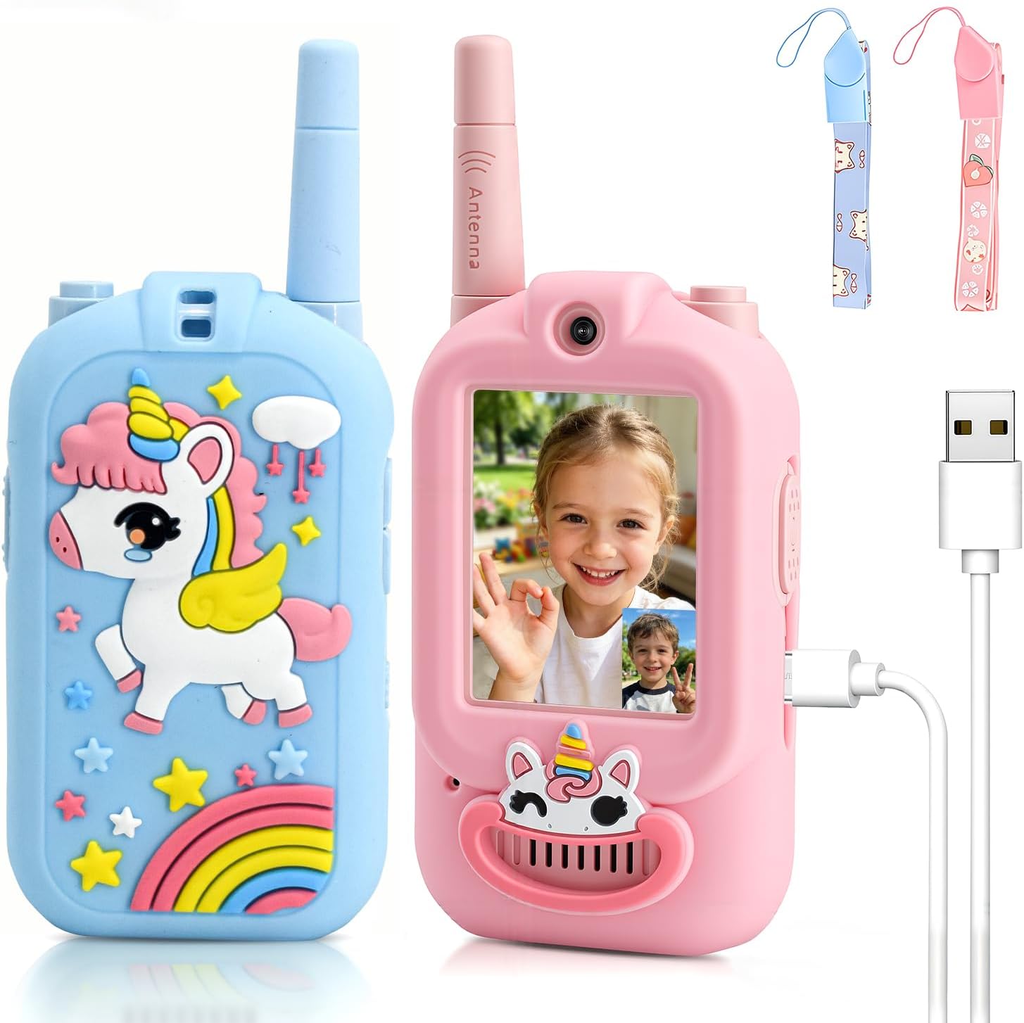 Video Walkie Talkies for Kids Ages 3-12, 2 Pack Rechargeable Video Intercom Toys with Camera, Indoor Outdoor Adventure Games for Family Camping Hiking Birthday Gifts for Boys Girls (New Blue/Pink)