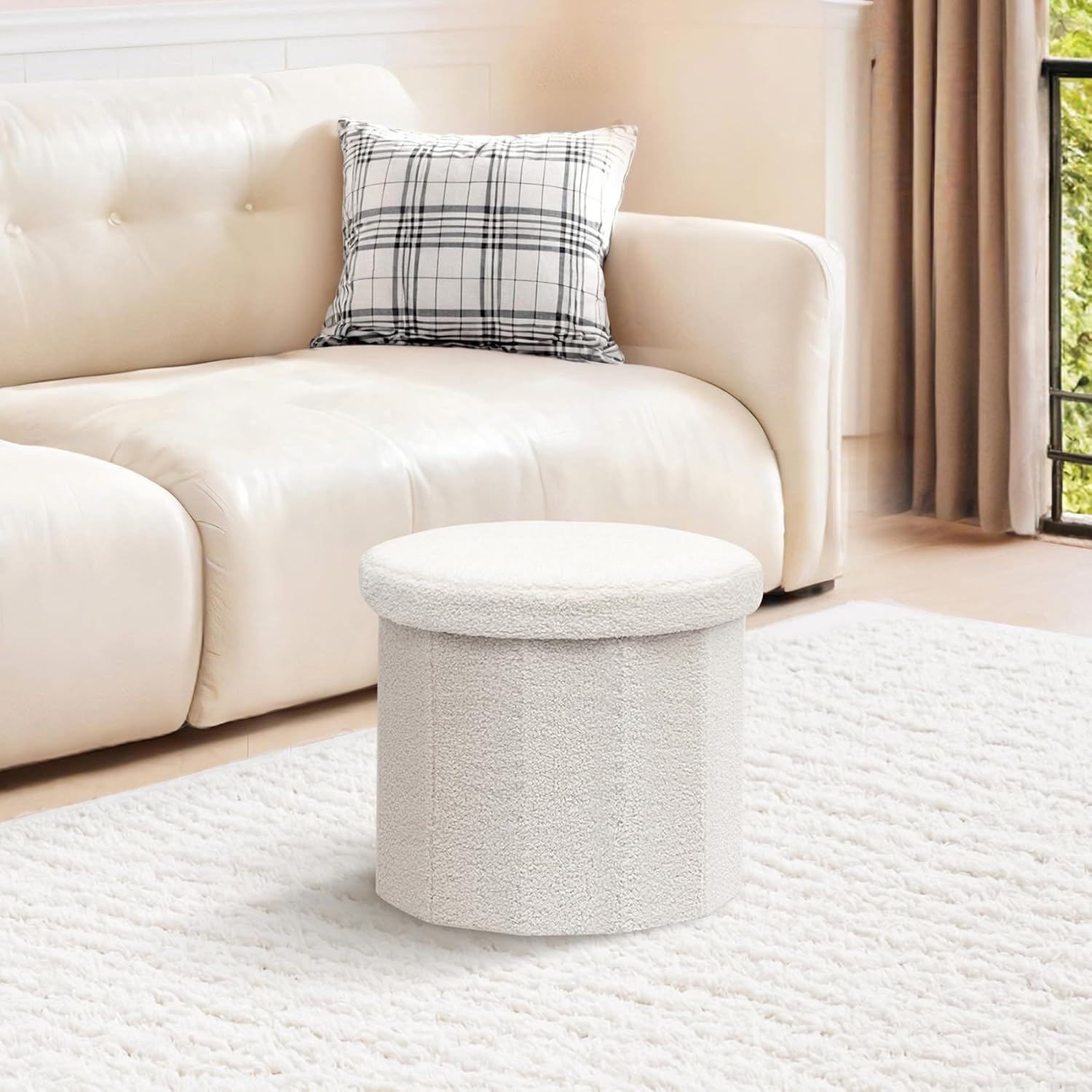 PINPLUS Round Storage Ottoman Cube Footrest - Versatile Boucle & Faux Teddy Fur Stool with Hidden Compartment for Living Room, Dorm, Bedroom White, 15"x15"x13.2"