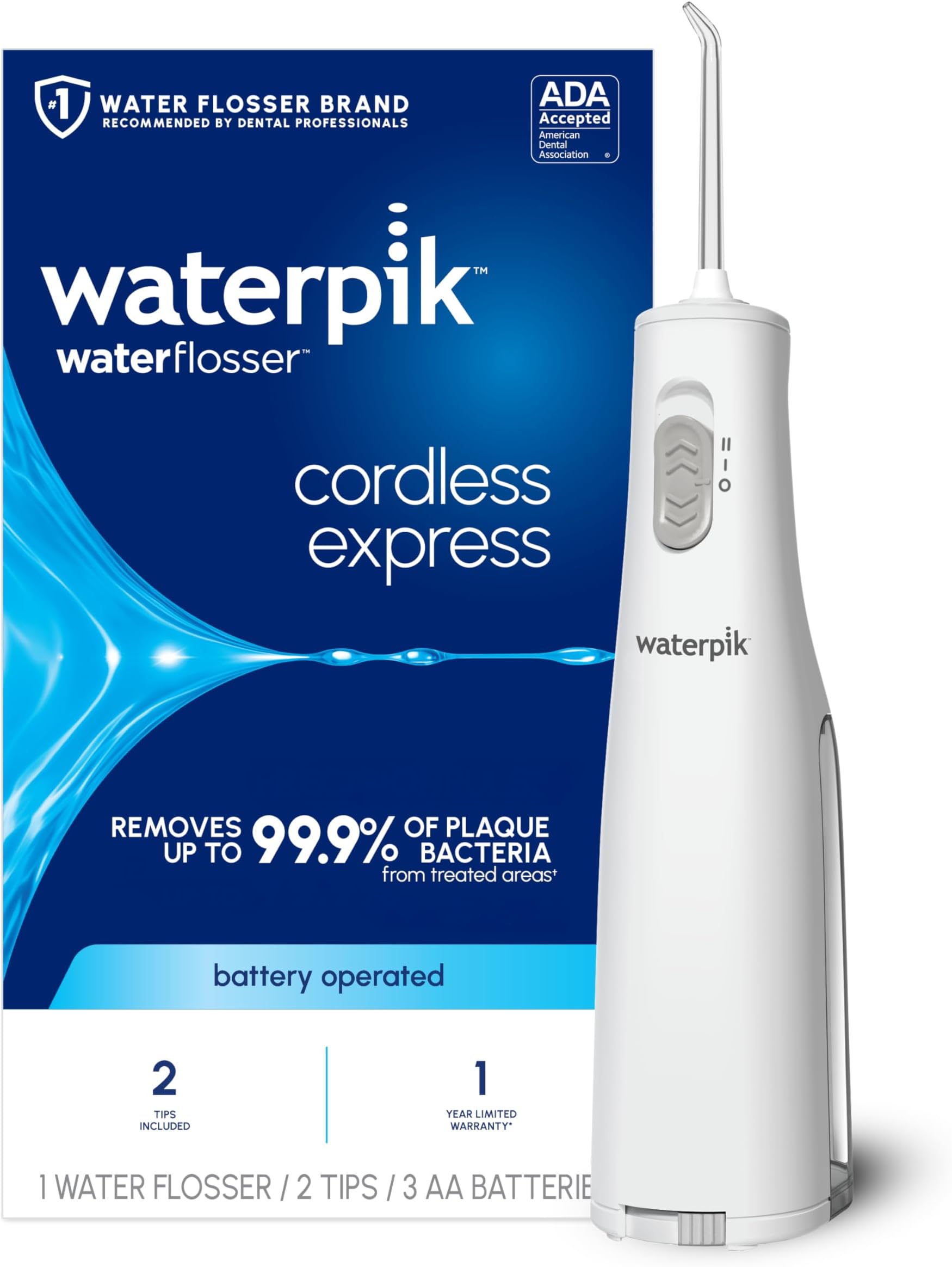 Cordless Express Water Flosser, Battery Operated & Portable for Travel & Home, ADA Accepted, Waterproof for Shower Use, White WF-02, Packaging May Vary
