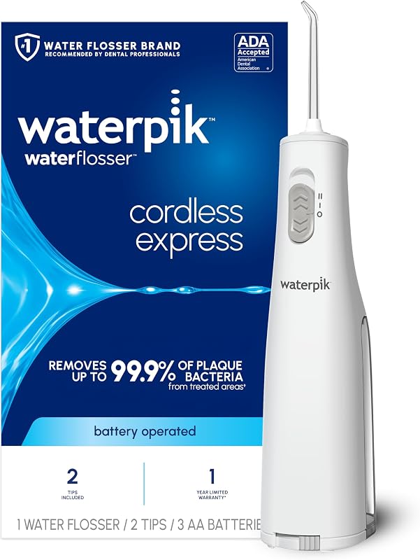 Irrigador dental portátil inalámbrico Express, 3 pilas AA, blanco | 2 configuraciones, 2 consejos, para la salud diaria de las encías y la limpieza de los dientes, viajes, uso en la ducha, aceptado por ADA, WF-02 El empaque puede variar