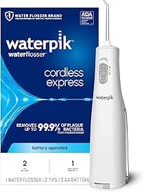 Waterpik Fio dental expresso sem fio, operado por bateria e portátil para viagens e casa, aceito pela ADA, impermeável para uso no chuveiro, branco WF-02, embalagem pode variar