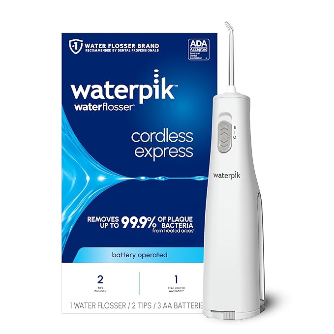 Waterpik Cordless Express Water Flosser, Battery Operated & Portable for Travel & Home, ADA Accepted, Waterproof for Shower Use, White WF-02, Packaging May Vary