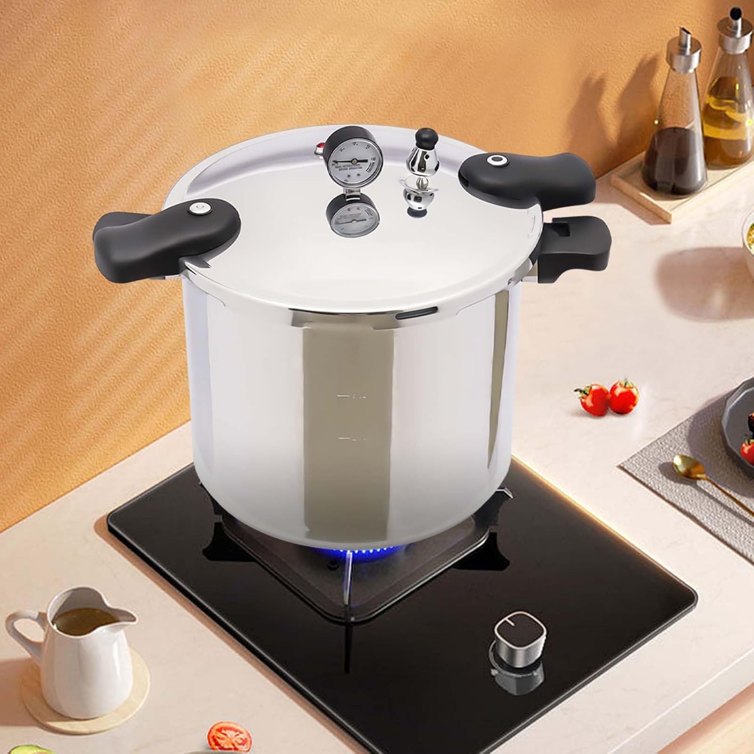 23-Quart Capacity Pressure Cooker with Pressure Gauge, Aluminum 90Kpa Pressure Canner, Multi-functional Polished Steam Canner for Gas Stoves