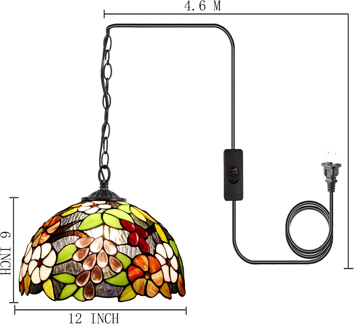 Tiffany Pendant Light Plug in 12 Inch Green Purple Grape Stained Glass Hanging Lamp with Chain 33 Inch, Cord 15 Feet