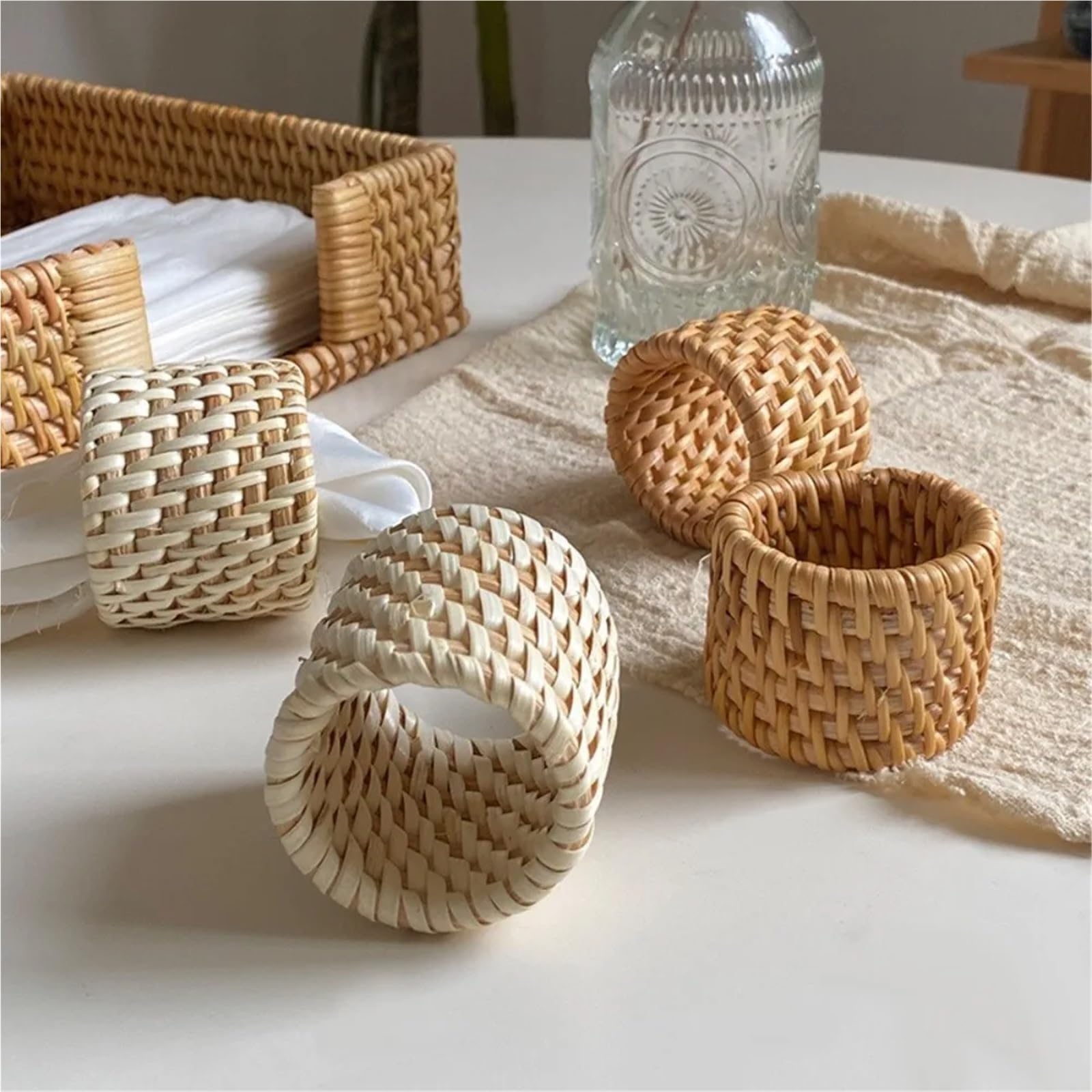 Portatovaglioli, 12 pezzi, realizzati a mano, in rattan, in legno, tinta unita, rustici, naturali, quadrati, decorazione per la tavola (cachi)