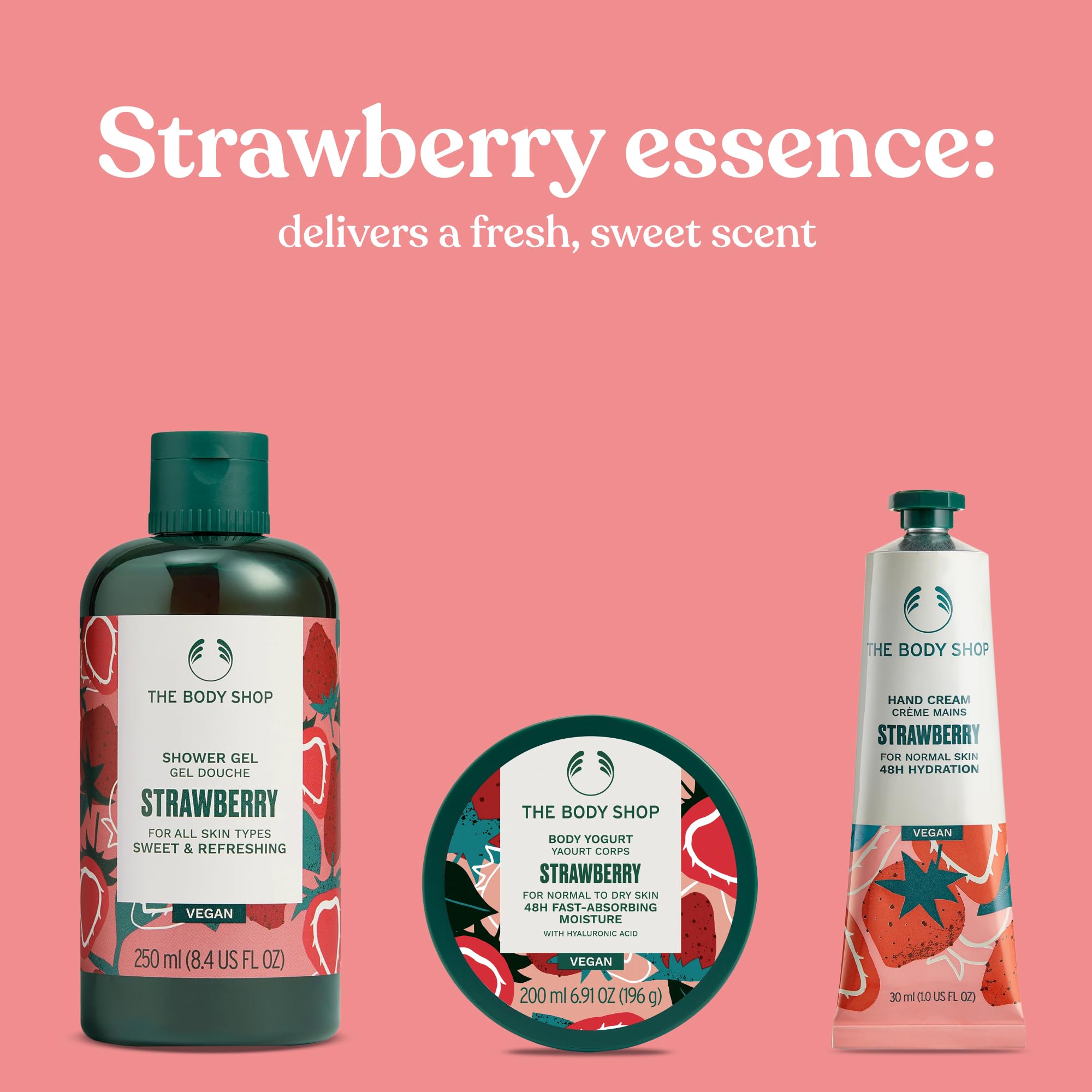 The Body Shop Strawberry Essentials Geschenkset (Duschgel 250 ml + Body Yogurt 200 ml + Handcreme 30 ml), fruchtiges, festliches Trio mit saftigem Erdbeerextrakt, erfrischende & feuchtigkeitsspendende