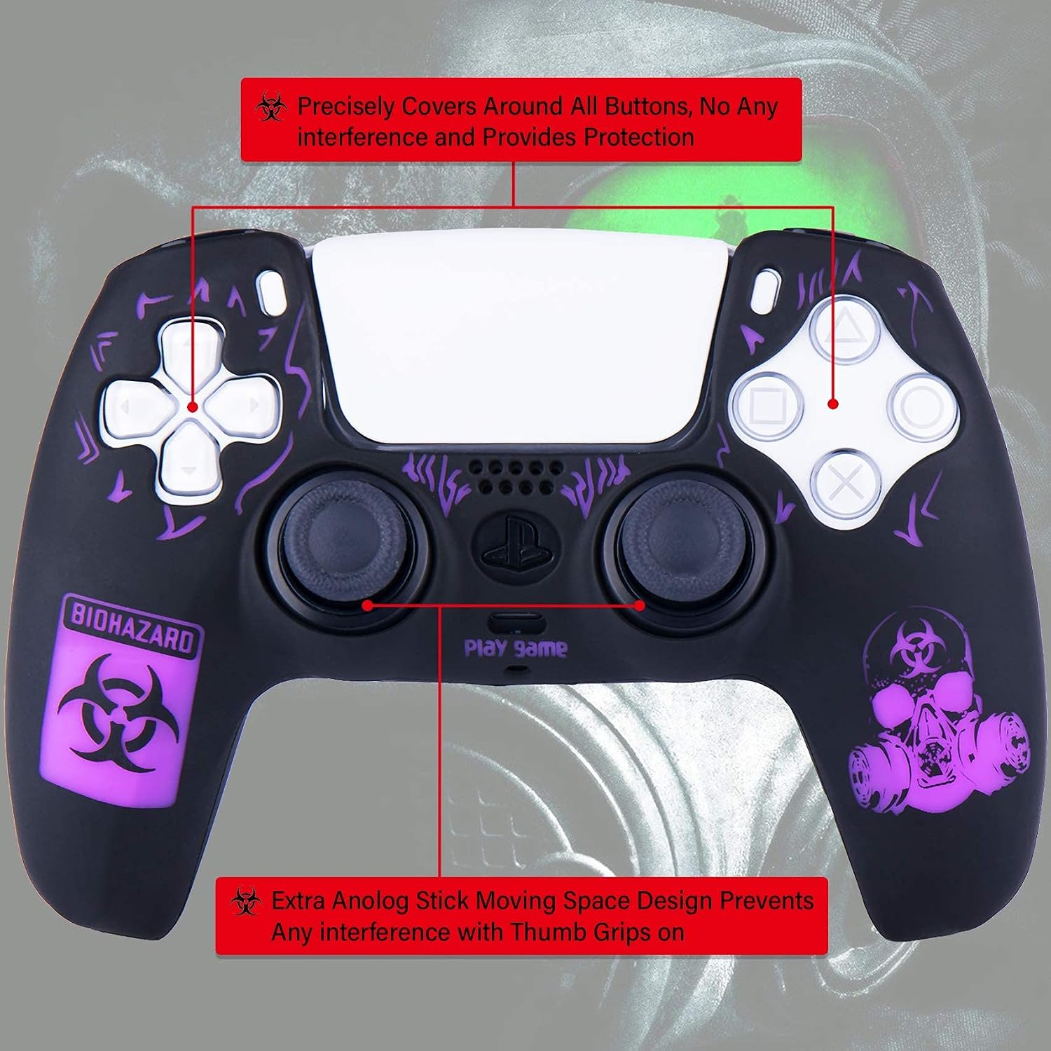 YoRHa Silicone Rubber Back Dots Carving Customizing Skin Cover for PS5 Dualsense Controller x 1(BH Purple) with Pro Thumb Grips x 10