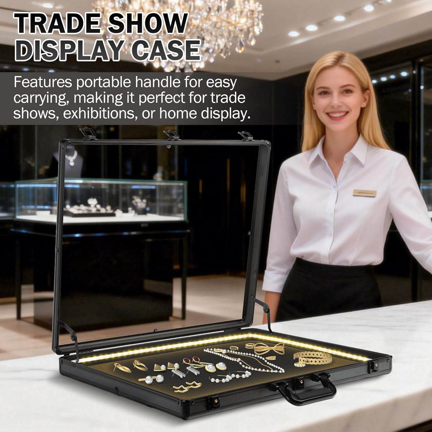 DuvinDD Card Display Case with LED Light, Aluminum Trade Show Display Case 24 x 20 inch, Portable Locking Tabletop Showcase for Pokemon Card, Trading Cards, Sports Cards, TCG, Jewelry