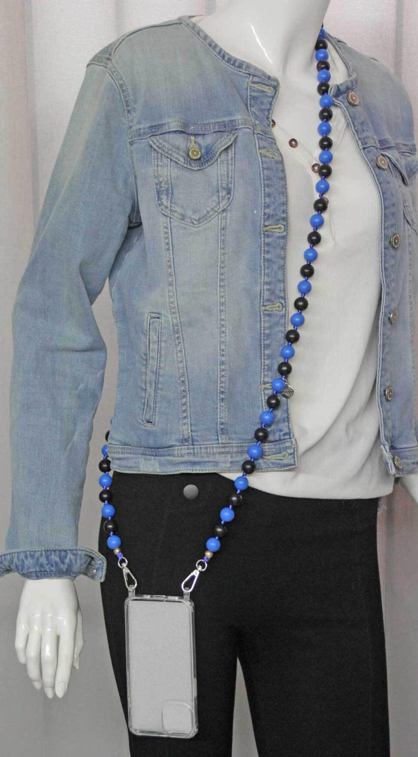 Handykette Lang Holzperlen blau-schwarz I ø15 mm I Länge ca. 138 cm I H0097
