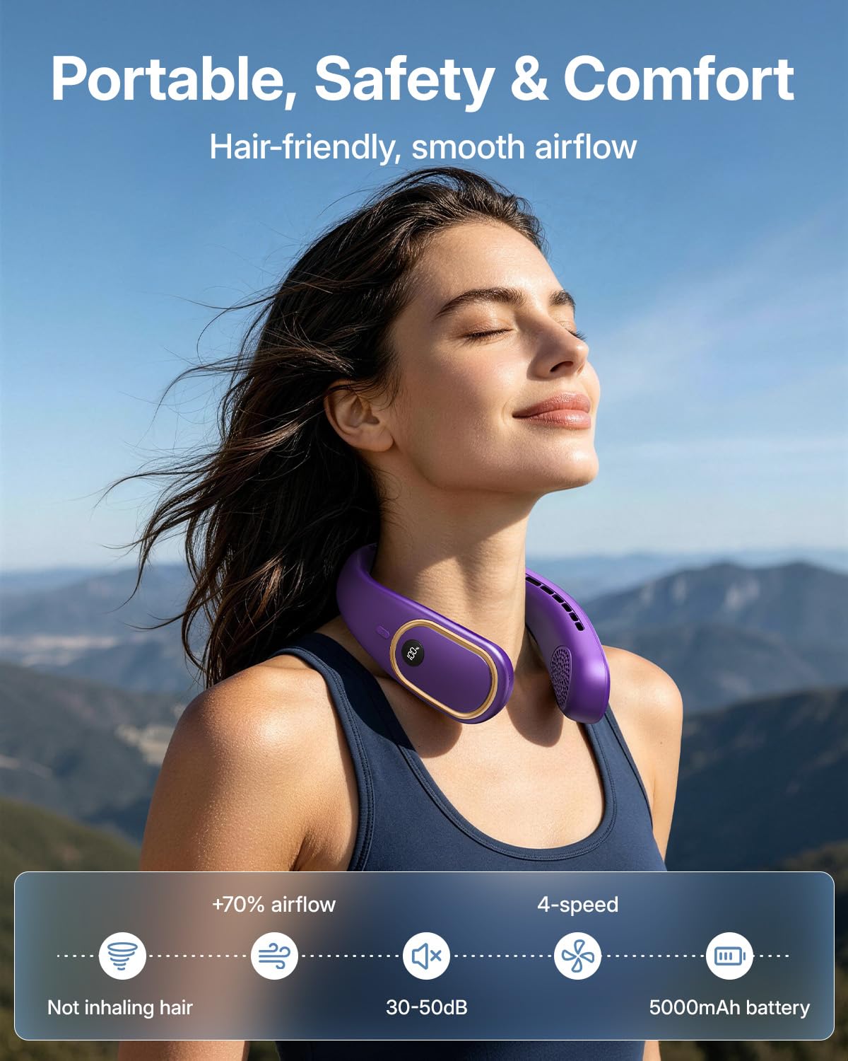 SHEWIND Ventilador de cuello portátil, ventilador personal manos libres, ventilador recargable sin aspas con batería de 5000 mAh, pantalla digital, 4 velocidades, regalos de cumpleaños para hombres