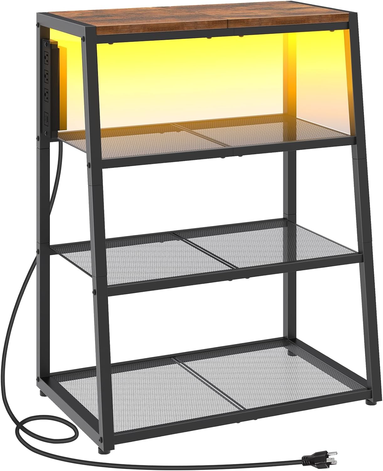 HOOBRO 4-Tier AV Media Stand with Charging Station & LED Lights - Rustic Brown/Black Audio Tower for Gaming, Stereo, Record Players (BF107UDCJ01)