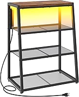 HOOBRO 4-Tier AV Media Stand with Charging Station & LED Lights - Rustic Brown/Black Audio Tower for Gaming, Stereo, Record Players (BF107UDCJ01)