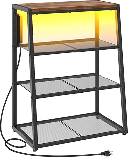 HOOBRO 4-Tier AV Media Stand with Charging Station & LED Lights - Rustic Brown/Black Audio Tower for Gaming, Stereo, Record Players (BF107UDCJ01)