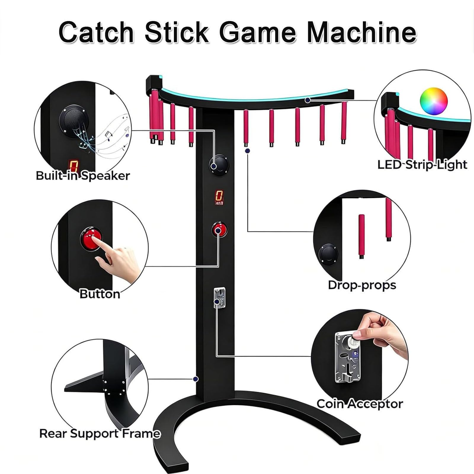 Gioco arcade bastoni monete,Gioco di Riflessi con Bastoncini Cadenti | LED dinamiche con MP3, 10 livelli sfida,Struttura in Metallo,con 10 bacchette,animazione per feste ed eventi
